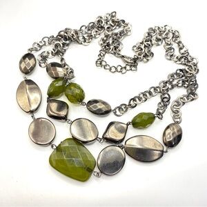 Gunmetal Chain Triple Strand Green Beads Statement Necklace